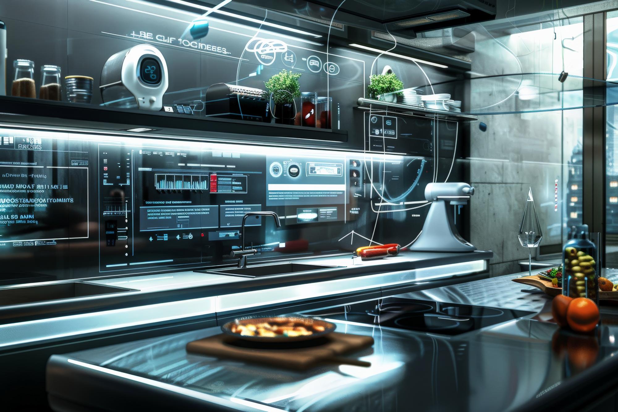 Workspace di cucina moderna con strumenti tecnologici